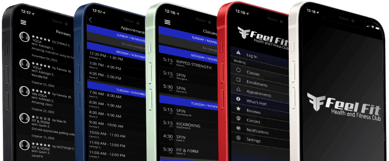 Smartphones displaying the 5 main pages of the Feel Fit App.
